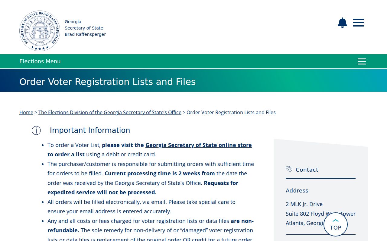 Albany voter registration file ordering page from Georgia